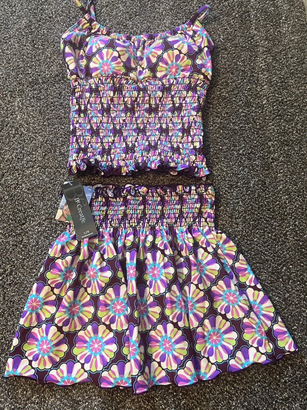 BE CREATIVE Plum Floral Smocked Tankini top & Skirt Set